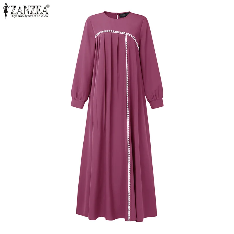 فساتين ZANZEA لخريف 2025 مُزينة بالدانتيل فستان عباية إسلامية للنساء أنيق بأكمام طويلة فستان صيفي مطوي رداء إسلامي
