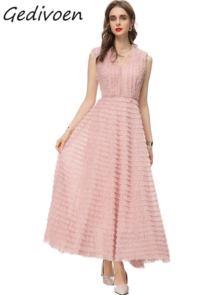 

Gedivoen Spring Fashion Designer Pink Vintage Mesh Dress Women's V Neck Sleeveless Cascading Ruffles Slim A-LINE Vest Long Dress