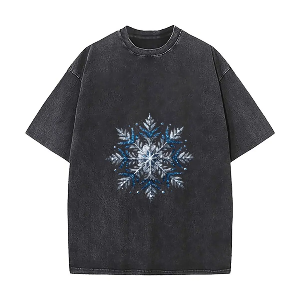 Glittering Blue Silver Snowflake Christmas Ornament Distressed Faded Baggy Streetwear Tops for Park Hangouts