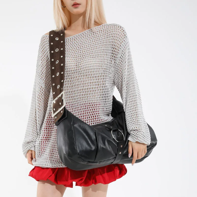 

European and American motorcycle style spicy girl bag, women's new large capacity armpit bag, women's shoulder bag,