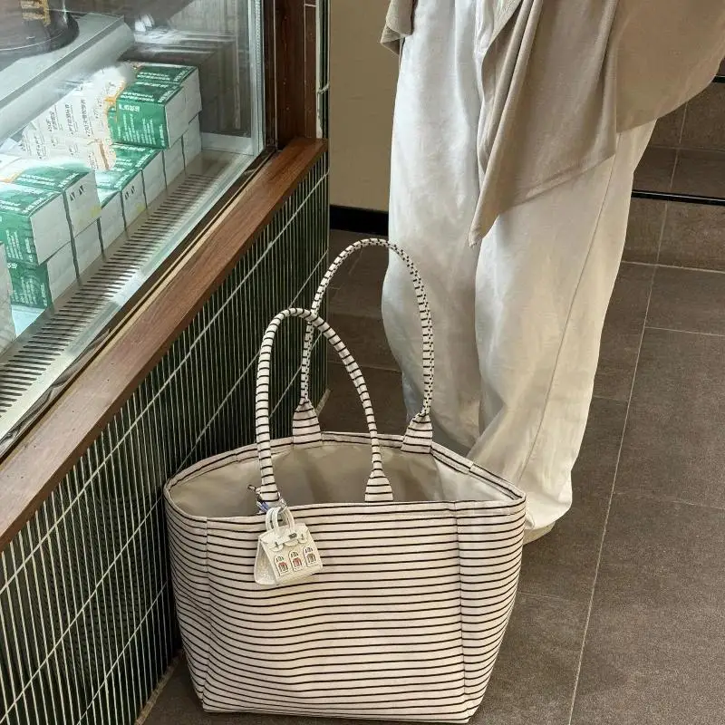 Canvas Tote Bag Black White Stripe Pattern Large Capacity Perfect For Work School Shopping Daily Commute