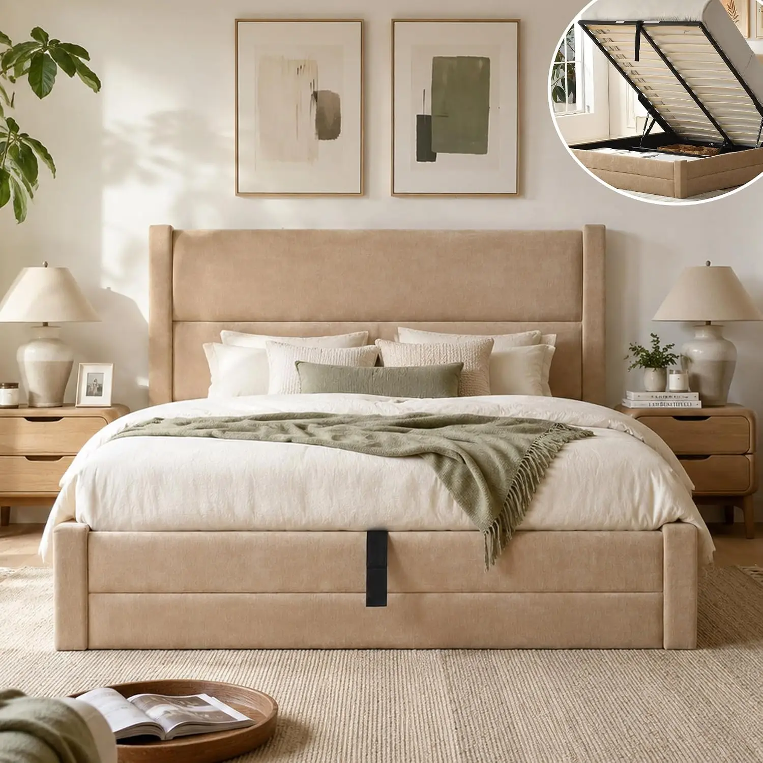 Full Size Lift Storage Bed Frame Velvet Upholstered Platform with Hydraulic Lift No Box Spring Warm Beige, Customized