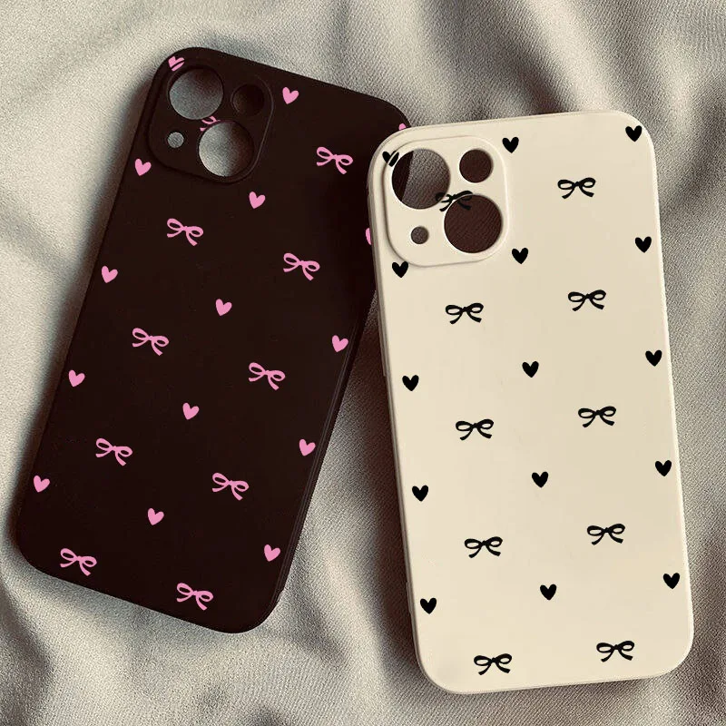 INS Korean Cute Love Heart Bow Phone Case for iPhone 17 16 15 14 13 12 11 Pro Max Mini X XS XR 7 8 Plus SE 16E Shockproof Cover
