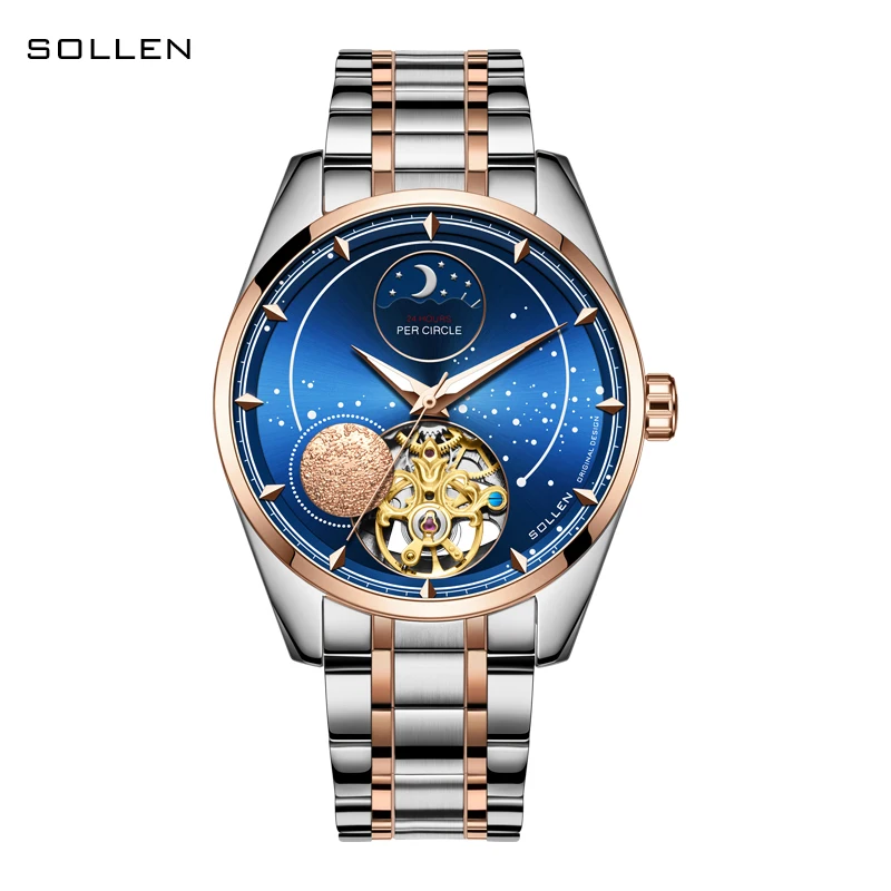 Luxury Brand SOLLEN Automatic Mechanical Sapphire Men's Watches Luminous Waterproof Moon Phase Dual Skeleton Steel Clock SL329-1