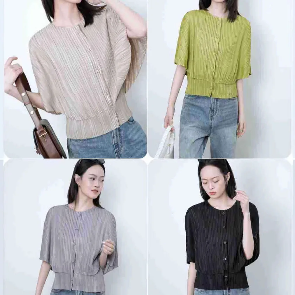 

Miyake Pleated 2026 Spring and Summer New Top Bat-sleeved Cardigan Outer Casual Fashion Versatile Short-sleeved Jacket Female