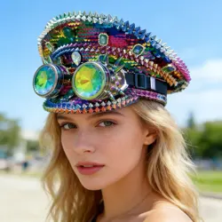Multicolor Steampunk Festival Captain Hat Rhinestone Goggles Masquerade Unisex Adult Sequin Military Cap Music Festival Cosplay