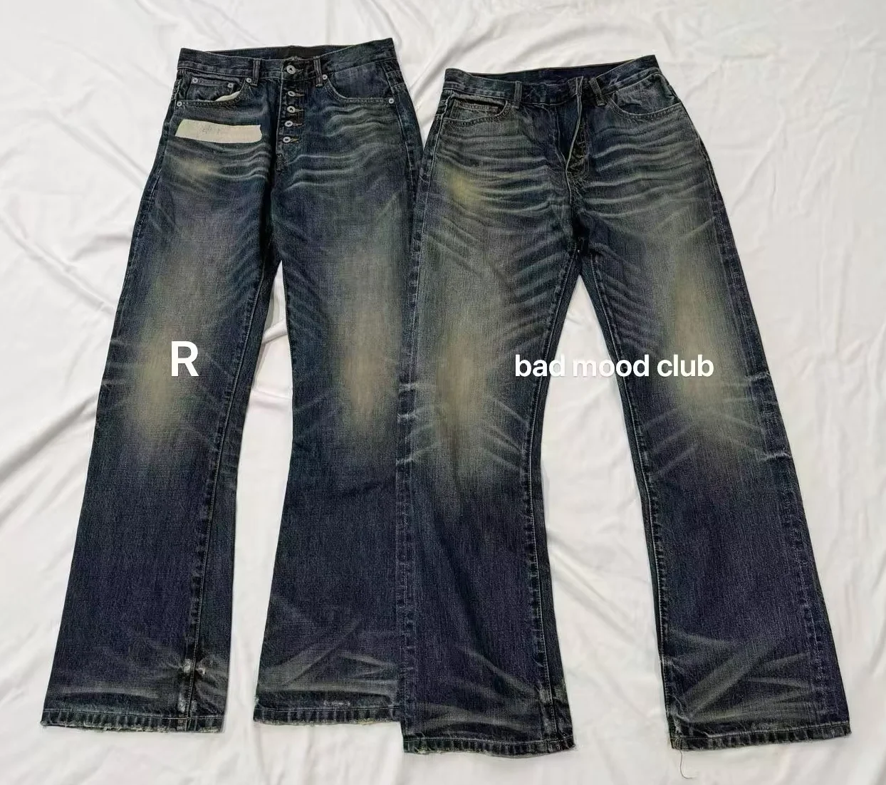 No faith breasted cat whisker pleated indigo red ears red brim jeans bootcut