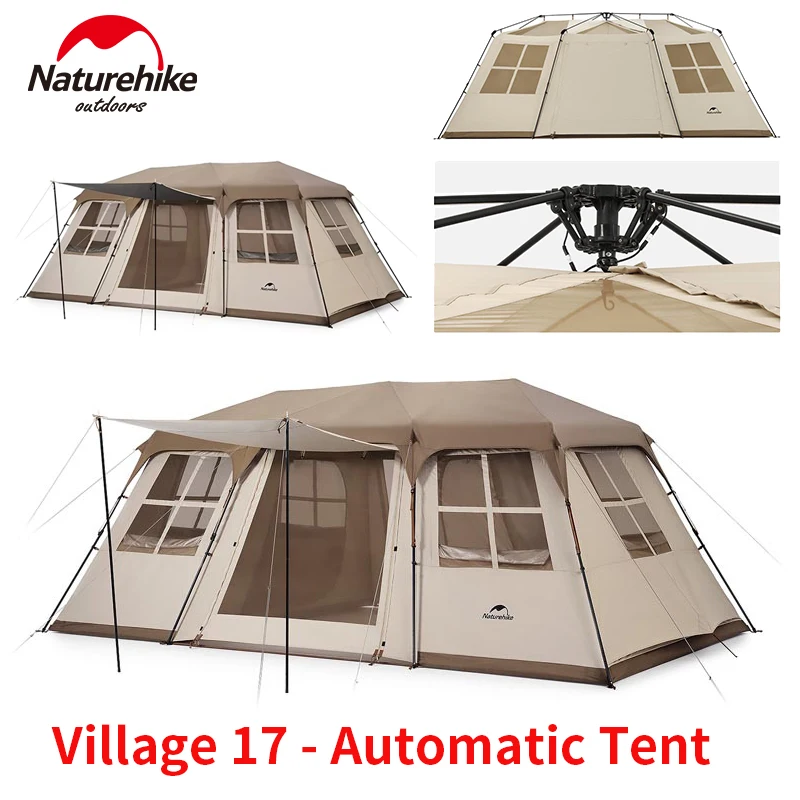 Naturehike Village 17 Automatic Tent 4-6 People Silver/Black Coated Sunscreen Outdoor Camping Travel Cabin Roof One-Touch Tent