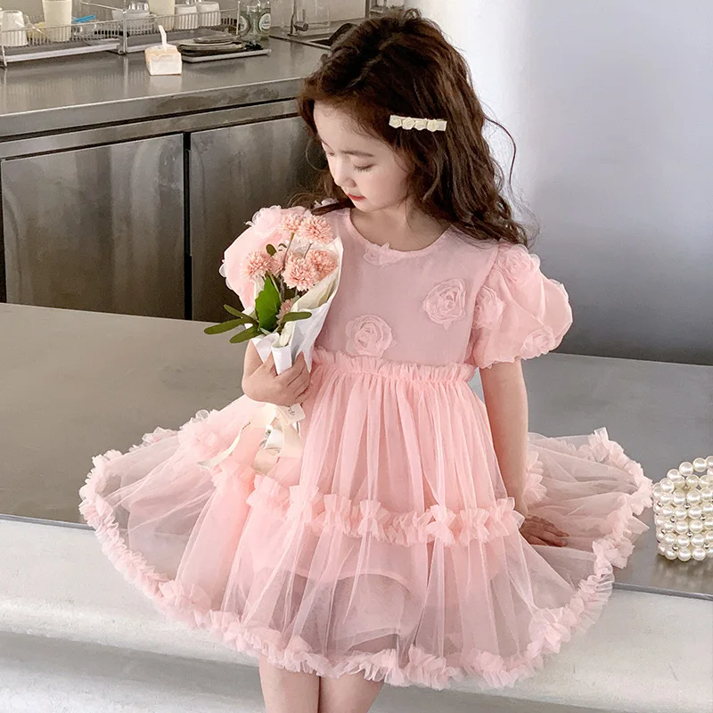 

ZLXZ-Girls' Dress2024New Baby Girl Summer Puff Sleeve Super Fairy Princess Dress Pettiskirt Children's Gauze Dress