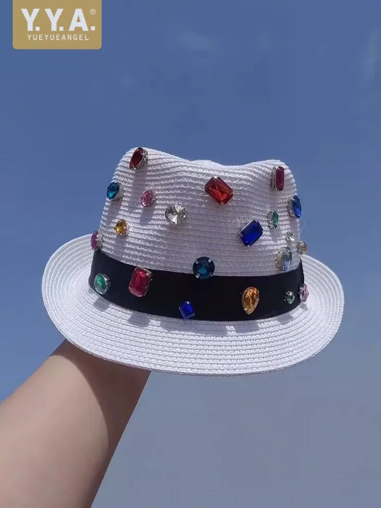 Summer Breathable Straw Cap Women Colorful Diamonds Stage Show Fedoras Roll Brim Holiday Beach Hat