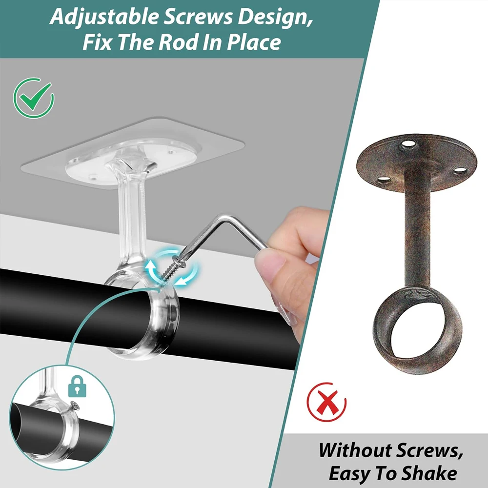 Self Adhesive Curtain Rod Brackets No Drilling Clear/Black Curtain Rod Holders Hangers Heavy Duty Ceiling Curtain Rod Hook Suppo