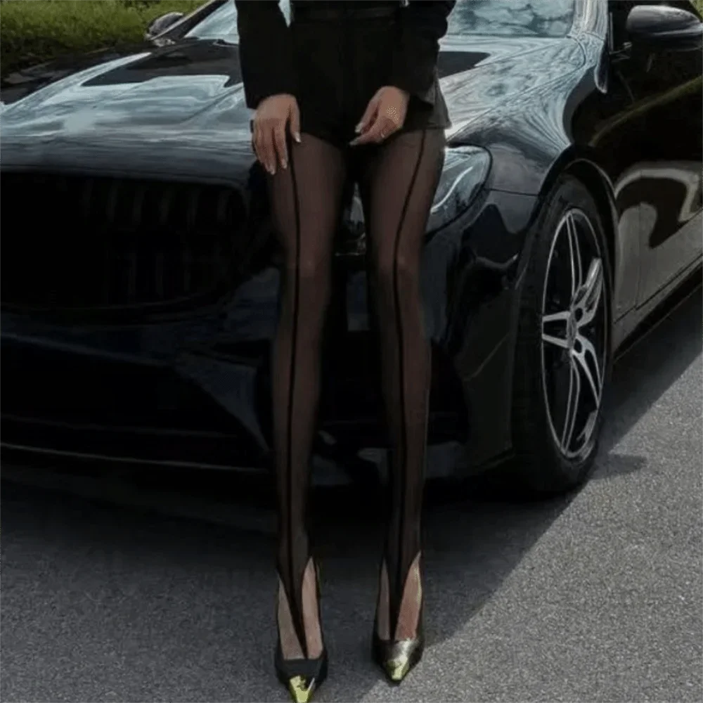 New Vertical Line Hollow Out Stockings Sexy Women Asymmetric Long Skinny Pantyhose Party Festivals Pantyhose