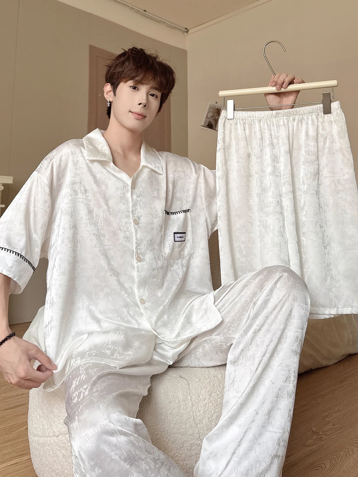 ice-silk-men's-sleepwear-short-sleeve-long-pants-three-piece-set-home-clothes-spring-autumn-summer-lightweight-luxury-print