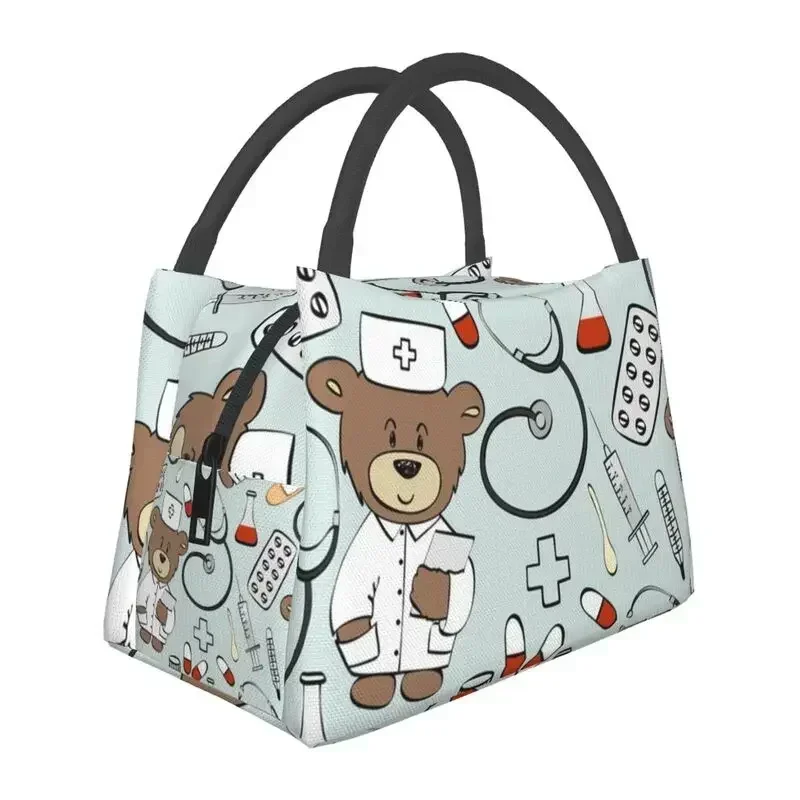 

Nurse Pattern With Bear Lunch Bags Men Women Thermal Cooler Insulated Lunch Boxes for Office Travel