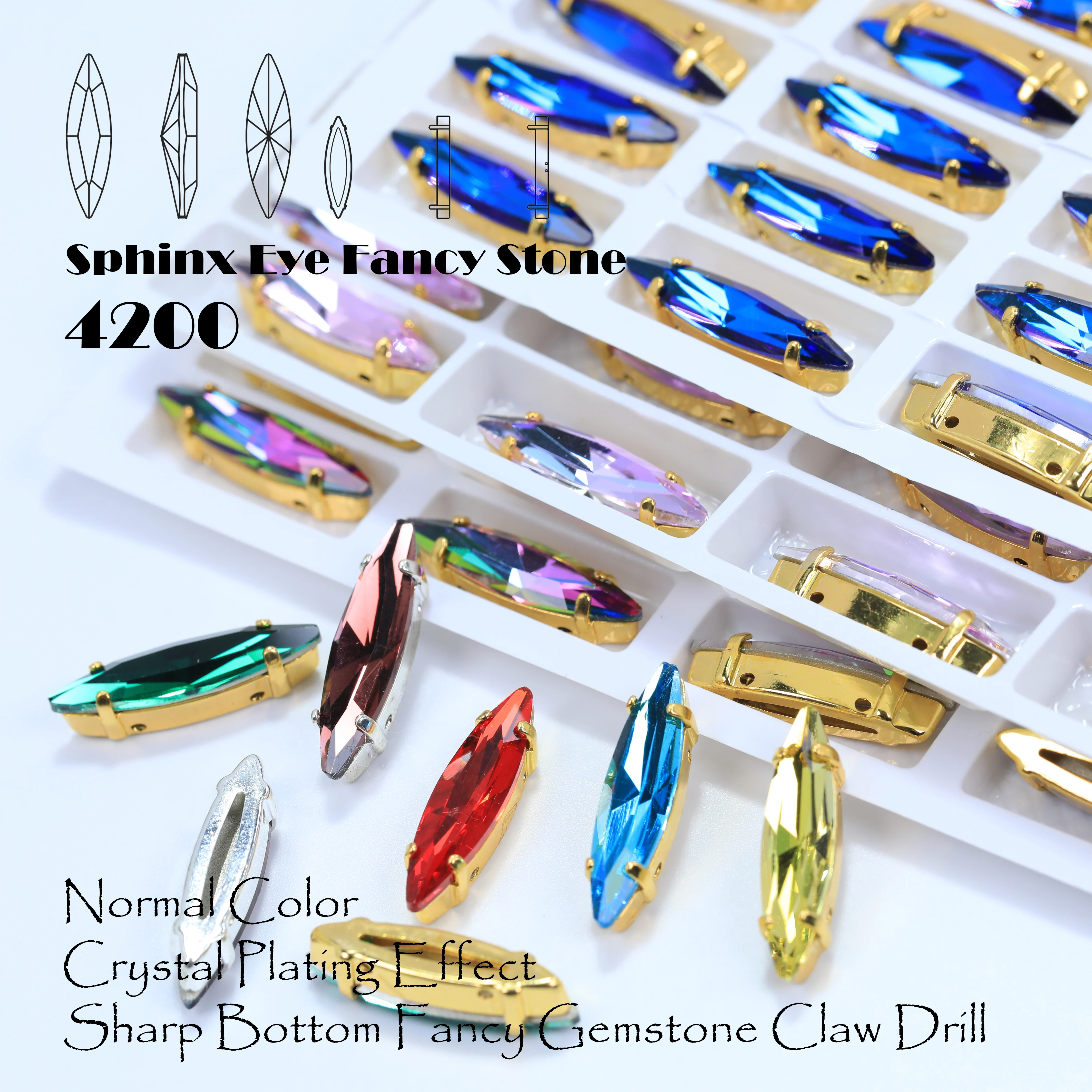 Alle Größen und Farben Sphinx Eye Fancy Stone Glas Kristall Aufnähbare Strasssteine Gold Silber Krallen-Strasssteine für Kleidung, Taschen – Detail 4