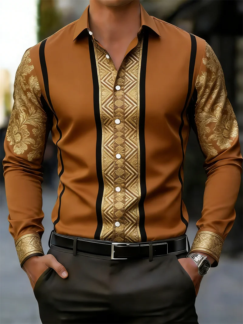 

New men's retro patterned long sleeved shirt with 3D striped print brown long sleeved casual daily top