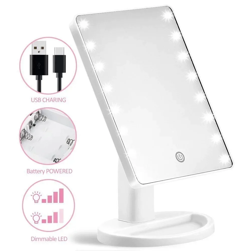 16 LED Touch Vanity Mirror with 3 Light Modes, Adjustable Brightness, 360° Rotating Base, Compact & Portable for Home, Travel,
