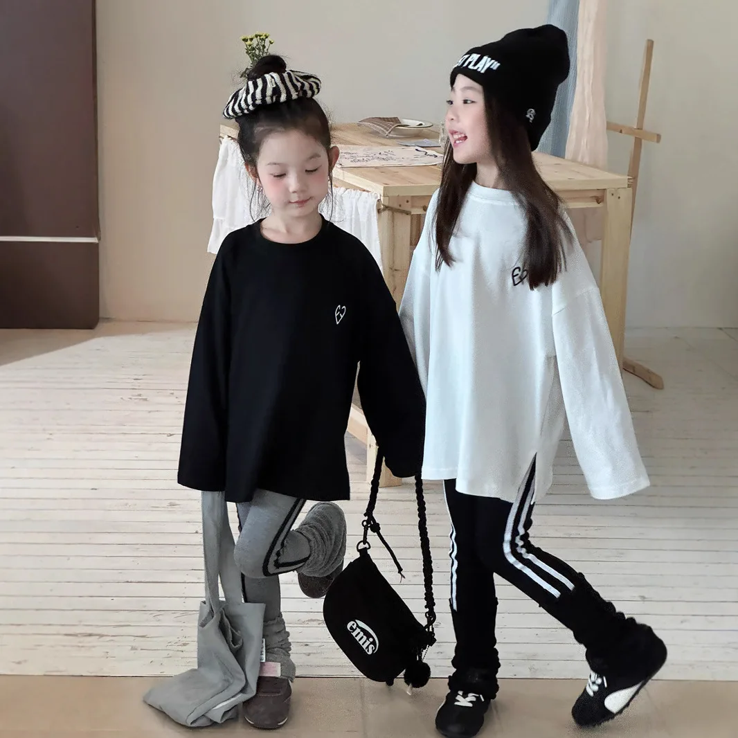 

Boys and Girls Autumn Korean Version Basic Simple Long Sleeved T-shirt Children Medium Long Style Solid Loose Top
