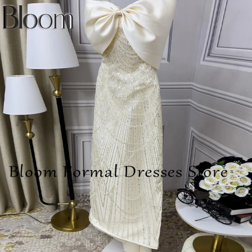 Bloom Customized Beading Crystal Sequined Satin Solid Color Bow Zipper Back Elegant Luxury Evening Dress 2024 Charming Sheath
