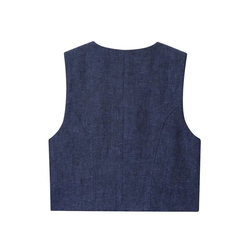 Neuankömmling Herbst 2025, Damen Faion Leinen Zweireiher Svel Round Ne Weste Tank Top Round Ne Button Sle