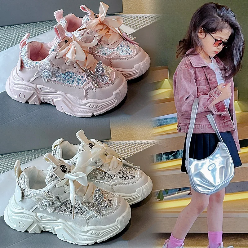 

Spring Children's Sports Shoes Fashion Sequins Butterfly Girls' Princess Shoes Soft Soled Anti Slip Kid's Casual Running Shoes
