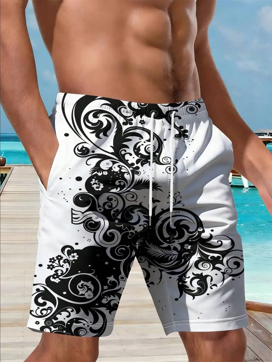 

Mens Beach Shorts With Black And White Floral Swirl Print