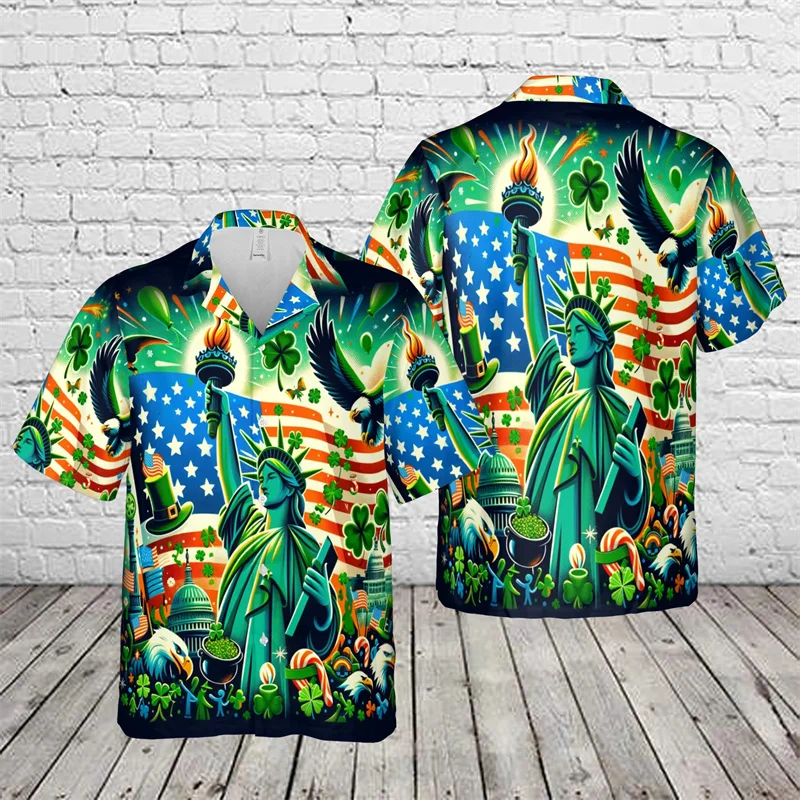 Happy St. Patrick's Day Hawaiian Shirt For Men 3D Printed Green Shirts New Fashion Spring Short Sleeves Tops Lapel Button Blouse