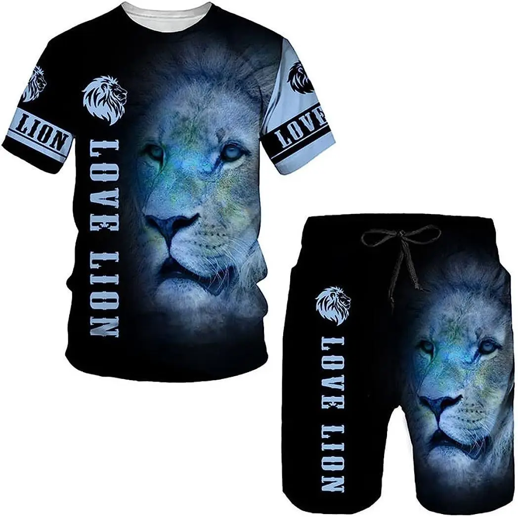 Men\'s Cool Lion Print T-shirt Suit 3D Summer Casual Style Male Tees Shorts Set Popular Outdoor Men\'s Clothing O-neck Sportswear