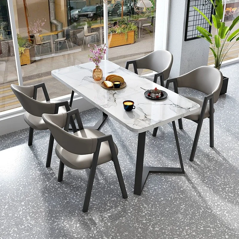 custom.Price Restaurant Dining Furniture Milk Tea Shop Sintered Stone Top Leather Fabric Table and Chairs Set