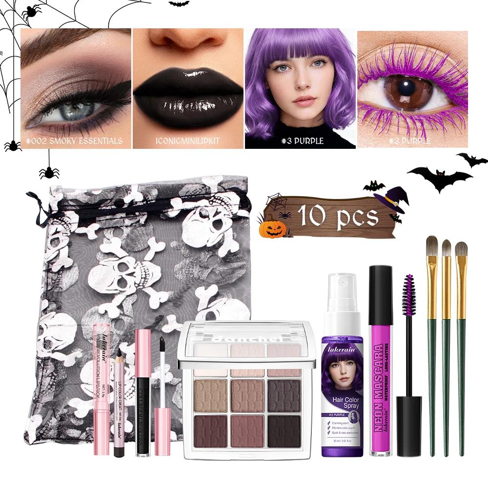 10pcs Purple Witch Makeup Eyeshadow Palette With 3 Brushes Black Lipstick Purple Hair Dye Spray Halloween Cosplay Set