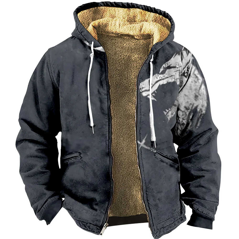 Winter Men's Zip-up Hoodies Long Sleeve Fleece Parka Coat Wolf Print Sweatshirts Daily Outerwear Jackets Street Overcoat