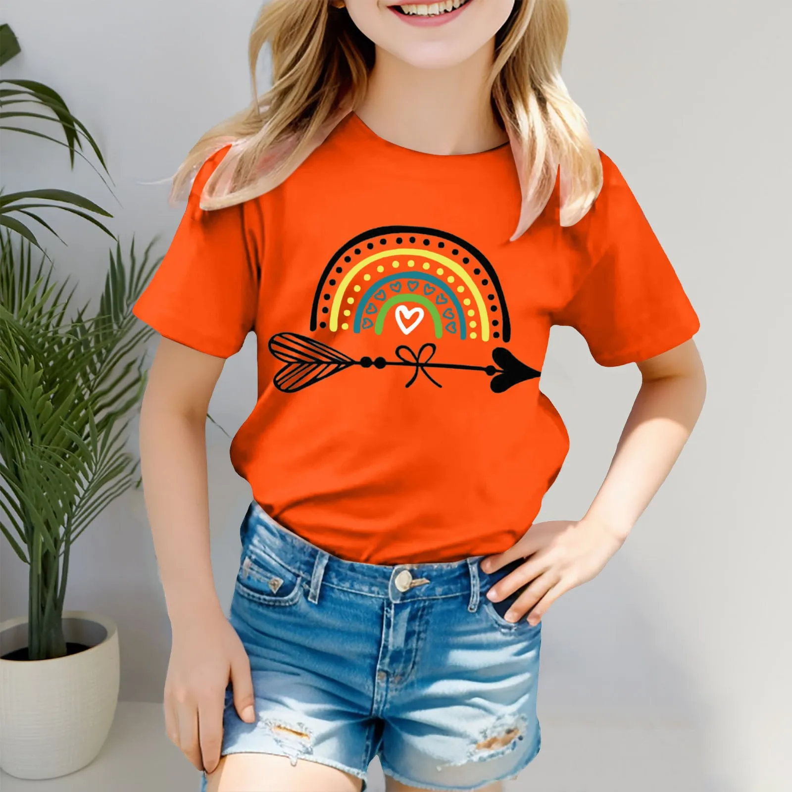 Love Heart Print Tee Orange Shirt For Kids Girls Short Sleeve Tee O-neck T Shirt Casual Fit  Comfy Shirts Non Sweat Undershirt