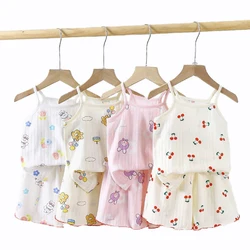 2Pcs Children's Clothing Cotton Sleeveless Tank Tops Shorts Pajamas Set Kids Breathable Print Vest for Baby Girl Boy Sleepwear