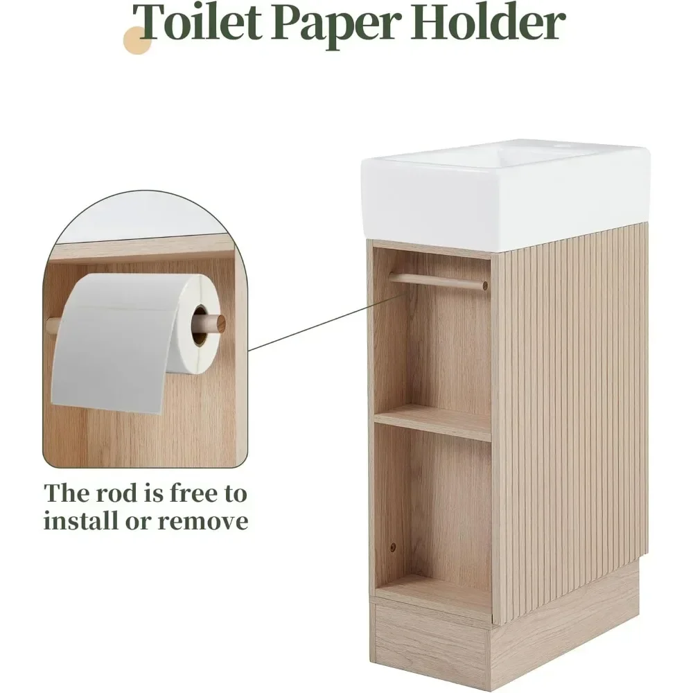 Postmodern Nordic Single Bathroom Vanity 19" Small With Sink,1 Door,Toilet Paper Holder And 2 Tier Shelves,Natural Wood - view 5