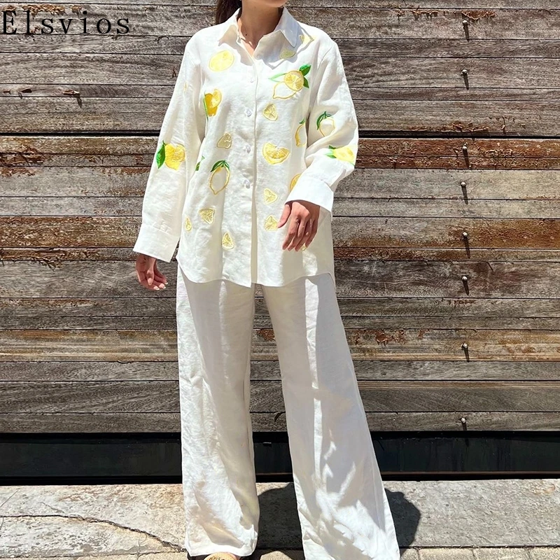 

Fashion Lapel Shirts & Wide Leg Pant Suit Women Casual Long Sleeve Two Piece Sets Elegant Pattern Printed Loose Vacation Outfits