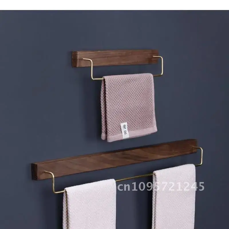 Wall-mounted Towel Rack Brass Wood Bathroom Shelves Shelf Accessories Storage Holder Punch-free