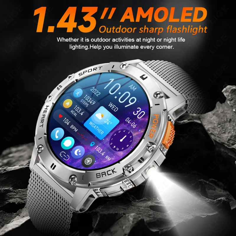 LIGE 530mah Large Battery Ourdoor Smartwatch Men BT Call Sports Fitness Bracelet With Flashlight Waterproof AMOLED Smart Watches