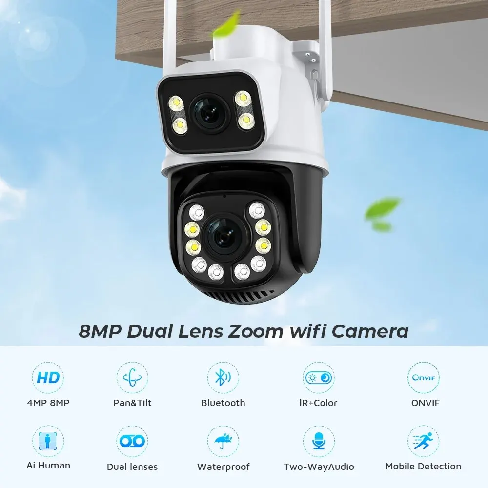 4K 8MP HD Wifi PTZ Camera Outdoor 4MP Dual Lens Dual Screen AI Auto Tracking IP Camera CCTV Audio Video Surveillance P2P ICSee