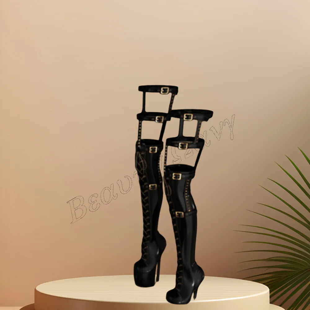 

Black Belt Decor Platform Boots Over the Knee Thin Heel Shoes for Women Patent Leather High Heels 2023 New Zapatos Para Mujere