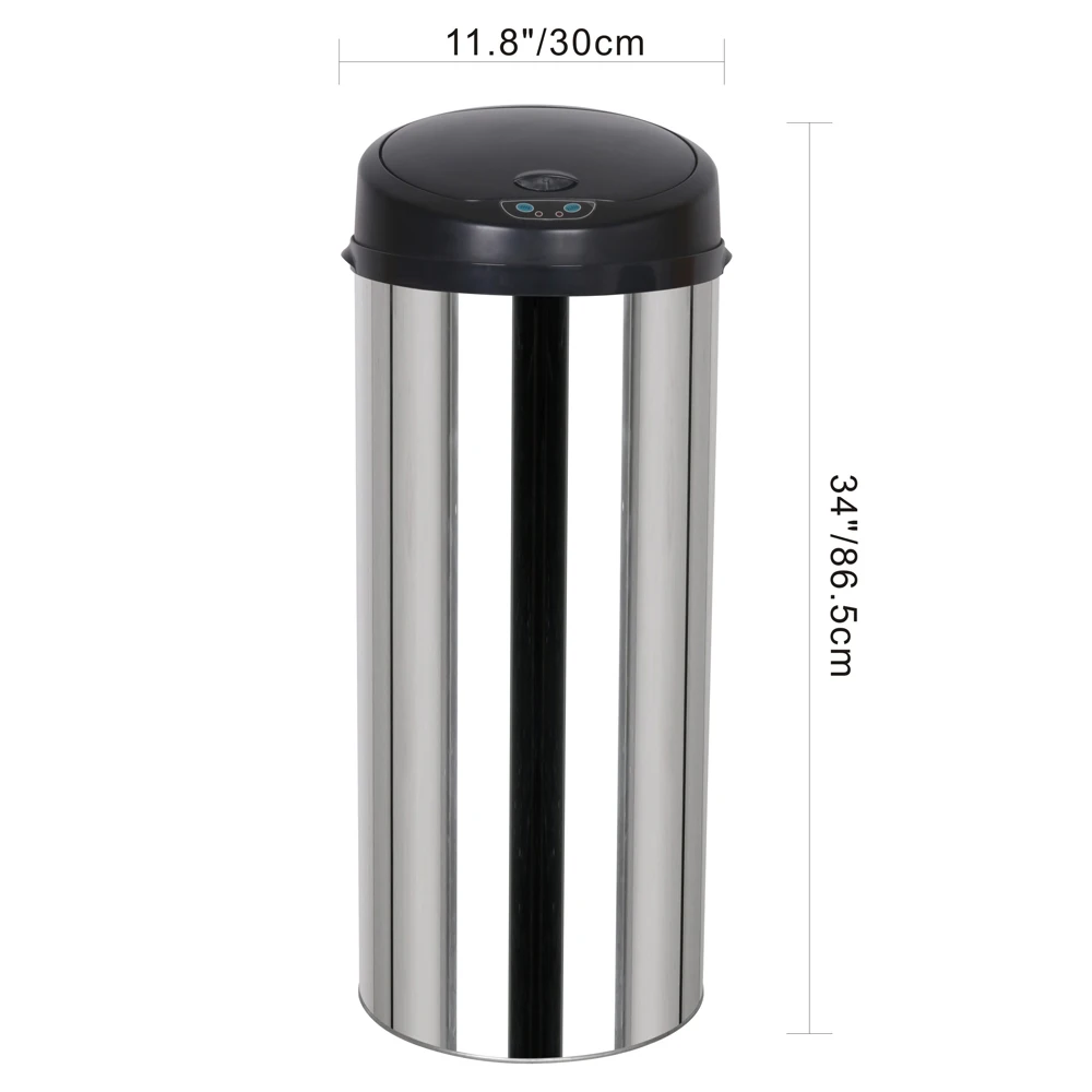 50L Waste Bin Round Inductive Touchless Full-Automatic Fingerprint-Resistant Garbage Trash Can 32x32x91CM Silver[US-Stock]