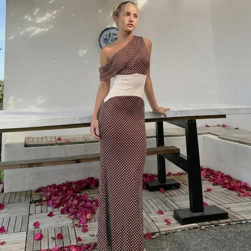 

Typhaland Elegant Contrast Maxi Dress For Women Fashion One Shoulder Polka Dot Print 2026 Summer Female Dress Slim High Waist