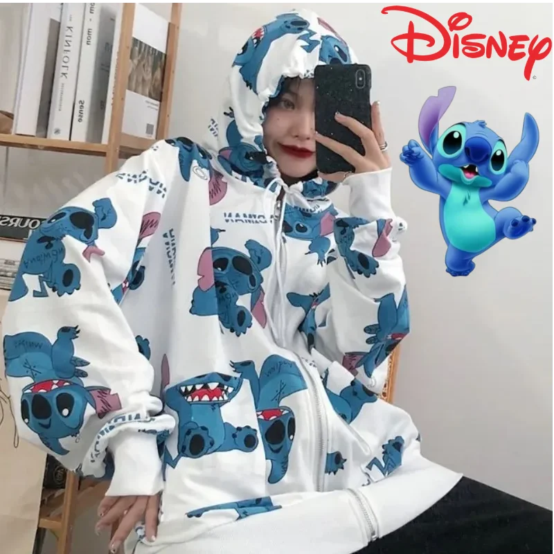 Creative Disney Stitch new cute creative cartoon pattern print statement fashion loose and comfortable hooded cardigan jacket