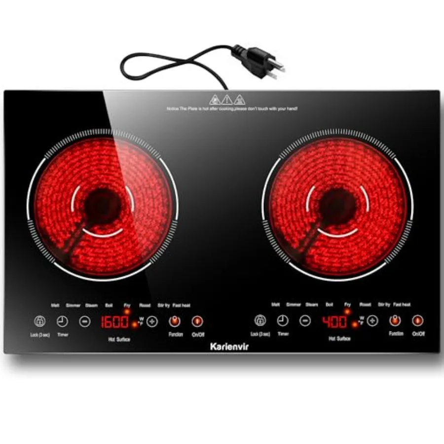 Placa de Cocción Eléctrica de 2 Quemadores para Encimera de Cocina, de 24 Pulgadas, 2000W, con 8 Niveles de Potencia, Control Táctil y Seguridad, en Vidrio Negro