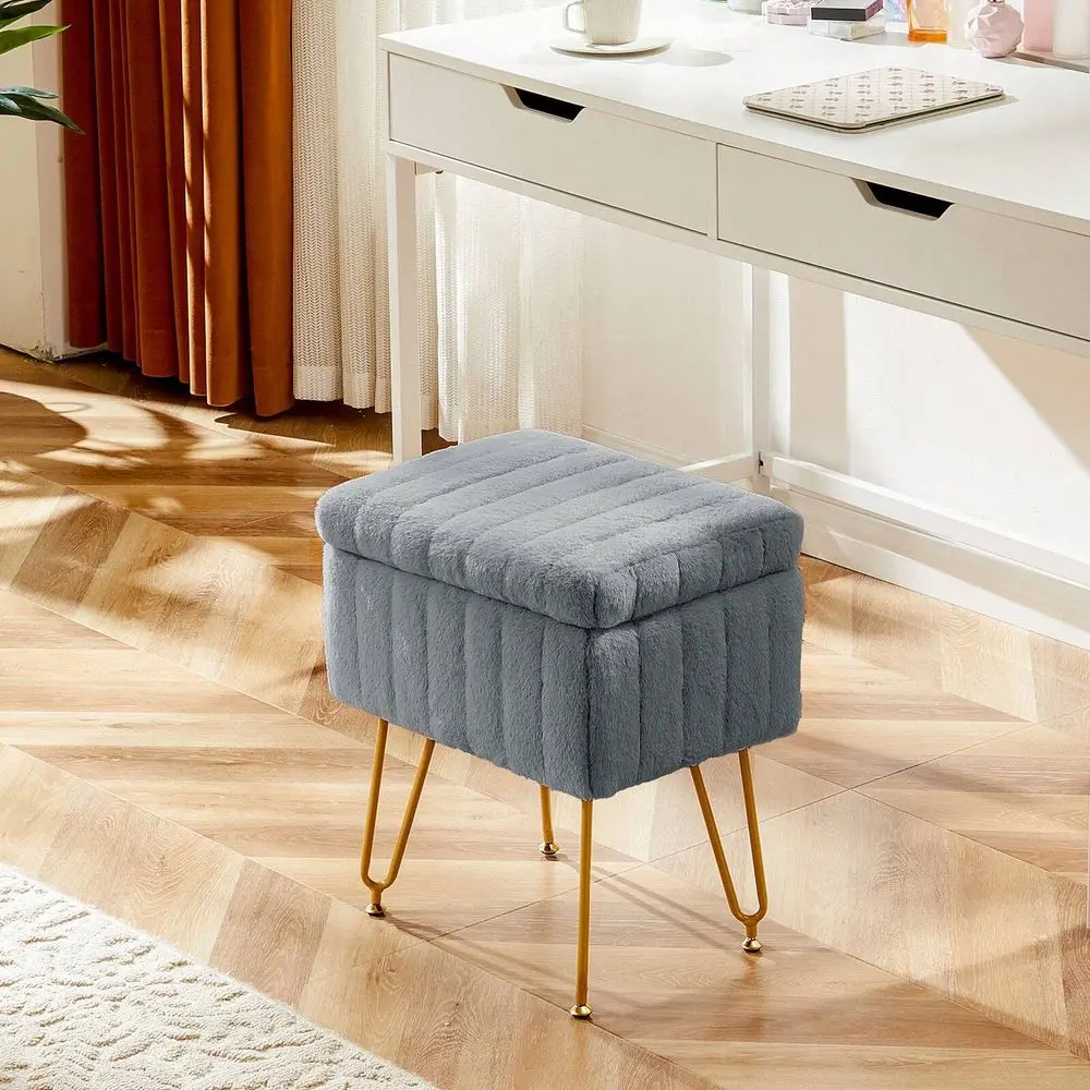 Vanity Stool Chair With Storage, Ottoman Faux Fur Soft Padded Makeup Footstools Seat With 4 Metal Legs AntiSlip Adjustable Feet