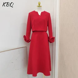 KBQ Solid Minimalist Two Piece Set For Women V Neck Long Sleeve Spliced Appliques Top High Waist Skirt Temperament Sets Female