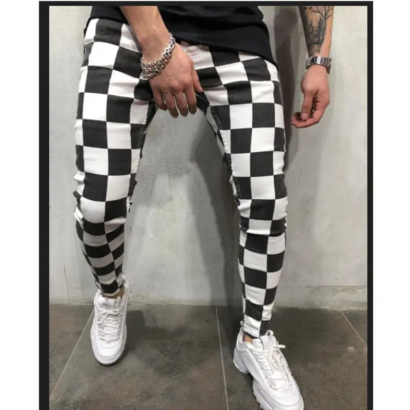 Calça casual xadrez preto e branco masculina, corredores magros, moletom, calça de calças, moda outono, nova, 2024