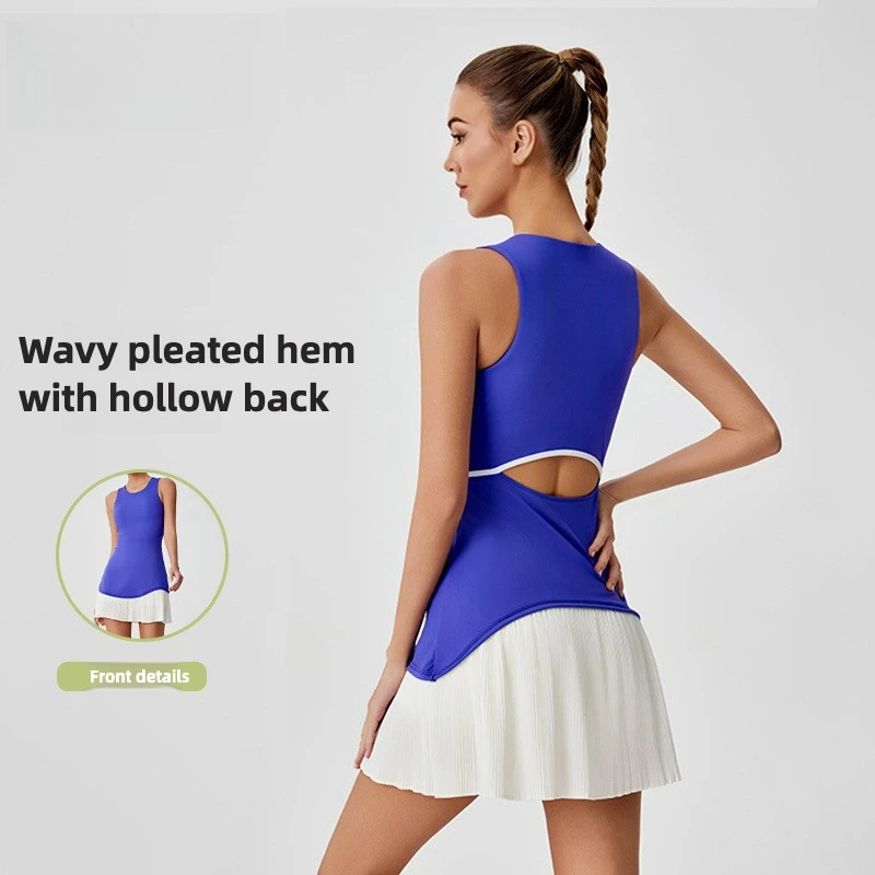 

Summer sports dress pleated pendulum anti-light quick-drying feather tennis skirt hollow back one-piece yoga suit gym set women