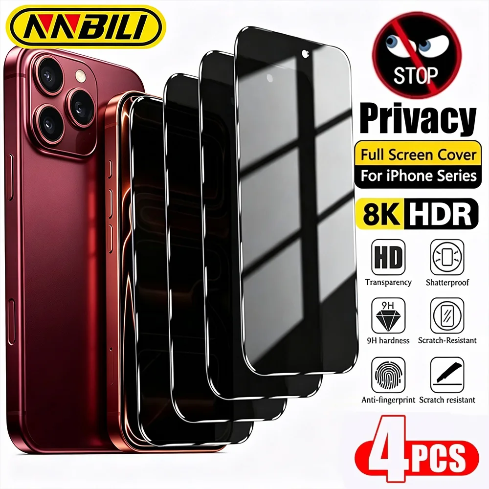 NNBILI 4PCS Privacy Screen Protector For IPhone18 Pro Max Anti-Spy Glass For IPhone17 16 15 14 13 12 11 Pro Max Tempered Glass