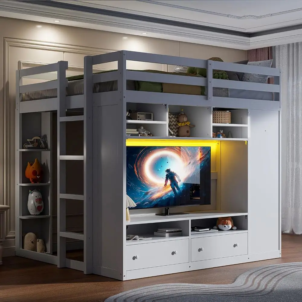 

Full-Size Gaming Loft Bed with Wardrobe, Desk, Shelves, LED Lights, White for Kids, Teens, and Adults