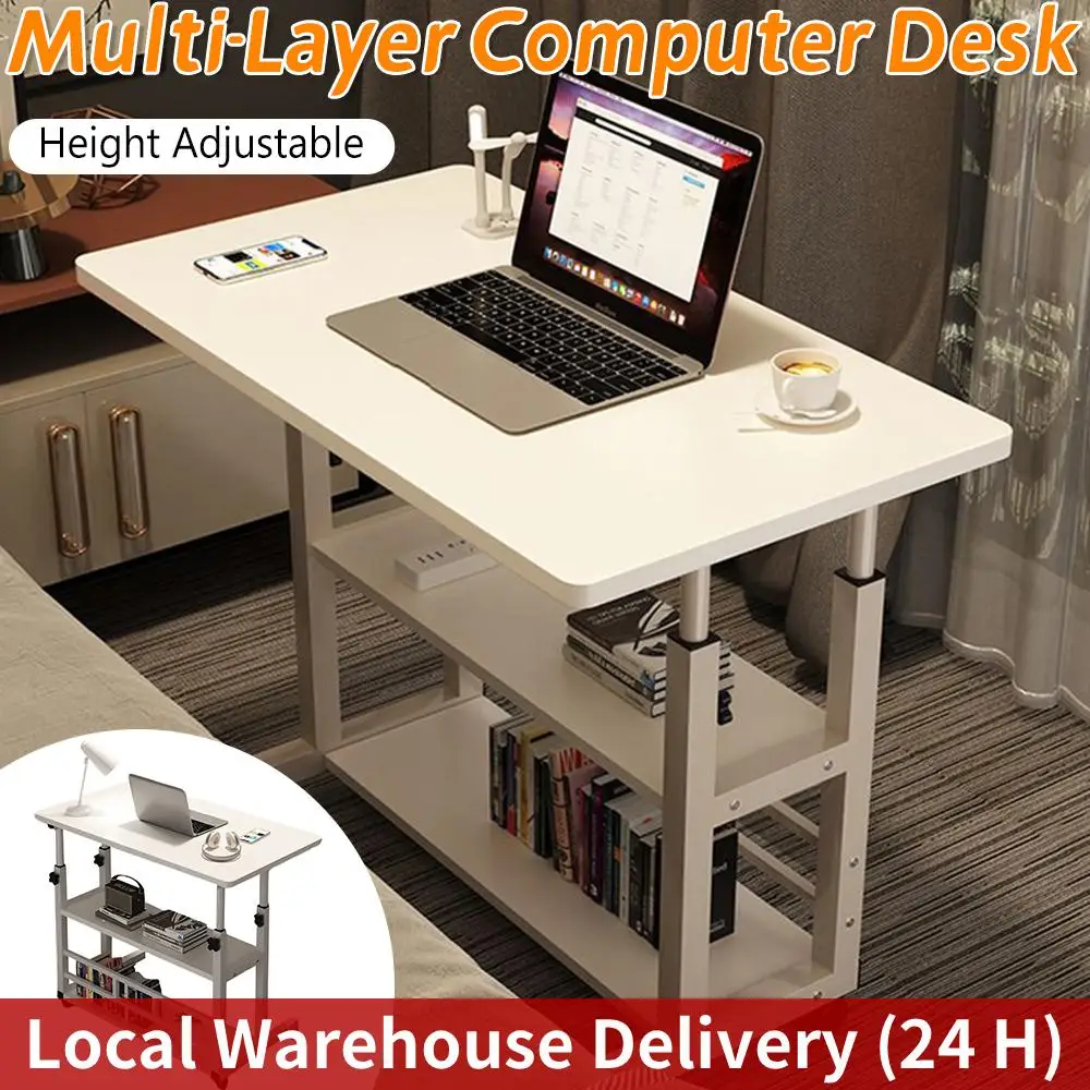 

Portable Rolling Desk on Wheels Adjustable Height Desks Computer Desk with Storage Shelves Multi-Layer Desk for Home Office